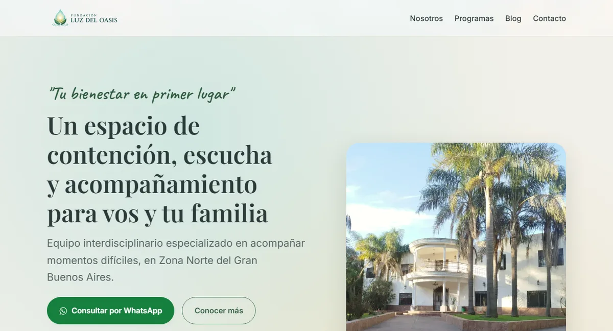Fundación Luz del Oasis - Sitio institucional para centro de tratamiento diseñado por FWeb